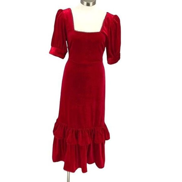 Rachel Parcell Puff Sleeve Peplum Skirt Midi Dress Red Velvet Size Small NWT - Picture 2 of 14